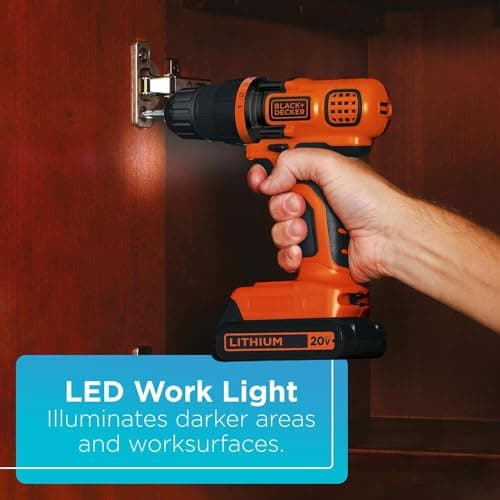 BLACK+DECKER 20V MAX Cordless Drill and Driver, 3/8 Inch, With LED Work Light, Battery and Charger Included (LDX120C)