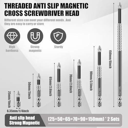 Alloy High-Magnetic Screwdriver Drill Bit Set, 12Pcs Impact Phillips Bits, Non-Slip Teeth Phillips Screwdriver Bit Set, Long Drill Bits for Electric Drills, 1+2+2.6+2.8+3.5+6in