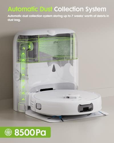 V5 Robot Vacuum and Mop, Self-Emptying Robotic Vacuum Cleaner, 8500Pa Suction, Pet Hair Tangle Cutter, Laser Navigation, Cat Laser, Carpet Detection, Ideal for Hard Floor, Tile, and Carpet