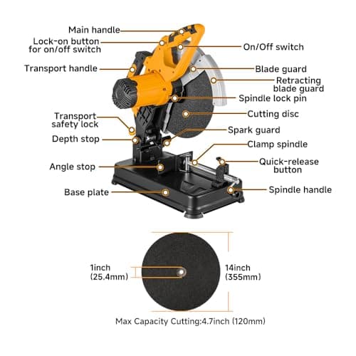 Hoteche 14-Inch Metal Cutting Chop Saw 2600W Heavy-Duty Electric Cut Off Machine with Saw Blade