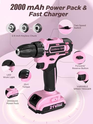 Pink Cordless Drill Set 142 Pcs, 21V Pink Power Drill Tool Set Kit with Storage Bag, Electric Drill Set for Women, Precision Screwdriver set, Magnetic Wristband, for Home DIY Projects