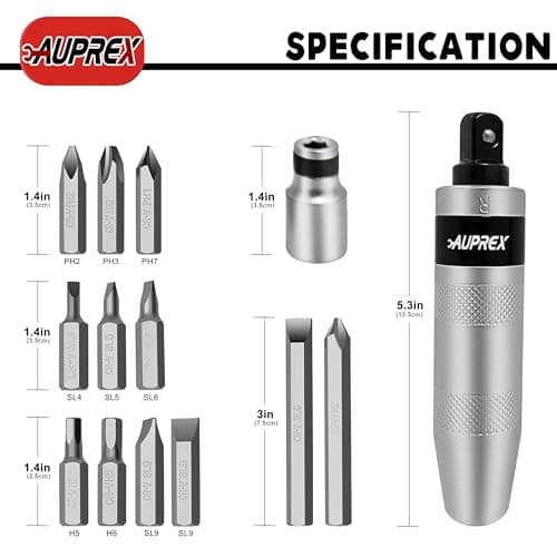 Manual Impact Screwdriver, 1/2” Reversible Hand Impact Driver Set, Hammer Screwdriver with 12-Piece CR-V Slotted, Phillips, Hexagonal Bits Set for Removing Rusted Fasteners or Frozen Bolts