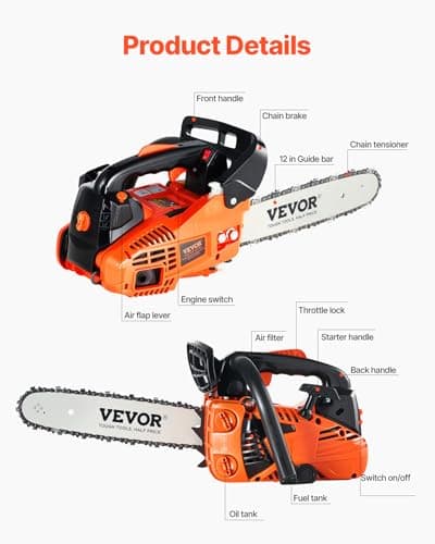 VEVOR 25.4 CC 2-Cycle Top Handle Gas Powered Chainsaw 12 Inch Petrol Handheld Cordless Chain Saw for Tree Wood Cutting