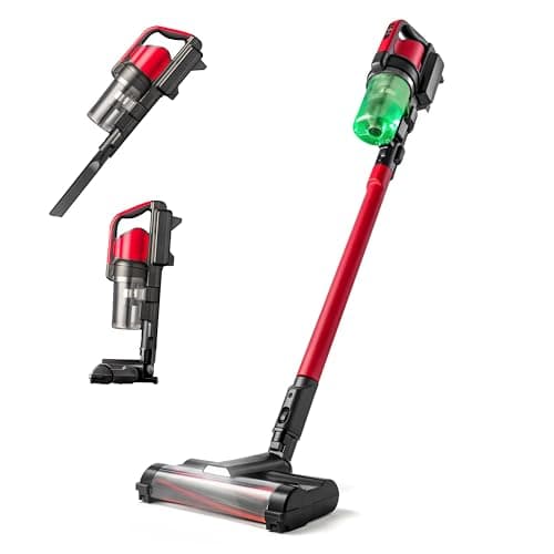 Cordless Vacuum Cleaner, 11-inch Powerhead, Self-Standing Design, Fast Charging, 50-Minute Runtime, LED Dust Sensor, Red