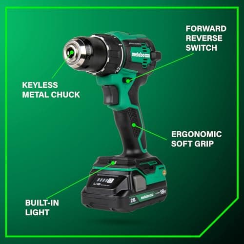 Metabo HPT 18V MultiVolt 1/2" Cordless Brushless Driver Drill Kit, High Power Drill Set with Bag, 2 Lithium-Ion Metabo Batteries and Charger, Compact Lightweight Power Driver, DS18DEX