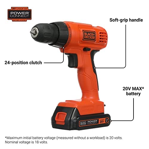 BLACK+DECKER 20V MAX* POWERCONNECT Cordless Drill Driver Kit with Drill Bit Set and Sockets, 100 pc. Tool Kit for Home, Battery and Charger Included ,Orange (BDC120VA100)