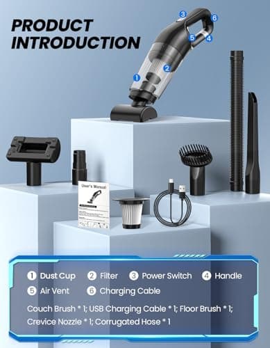 Cordless Vacuum Handheld, Car Vacuum Cleaner Portable for Pet Hair Small Household Vacuums with Powerful 10000pa Strong Suction Rechargeable for Car Home Couch Floor Cleaning Black