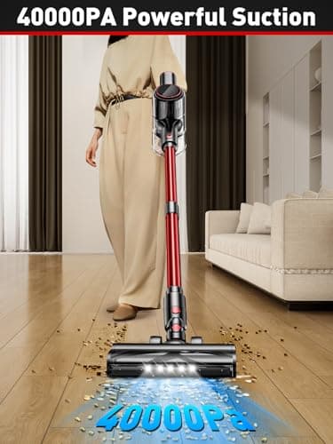 Cordless Vacuum Cleaner, 8-in-1 Vacuum Cleaners for Home, 45Mins Runtime, Anti-Tangle Stick Vacuum with LED Display, Rechargeable Lightweight Vacuum for Pet Hair/Carpet/Floor (Red)