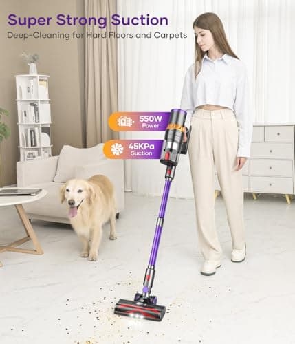 Cordless Vacuum Cleaner, 550W/45Kpa Stick Vacuum with Smart Display, MAX 65Mins Runtime Vacuum Cleaners for Home, Auto Mode & Anti-Tangle Lightweight Vacuum for Pet Hair/Carpet/Floor