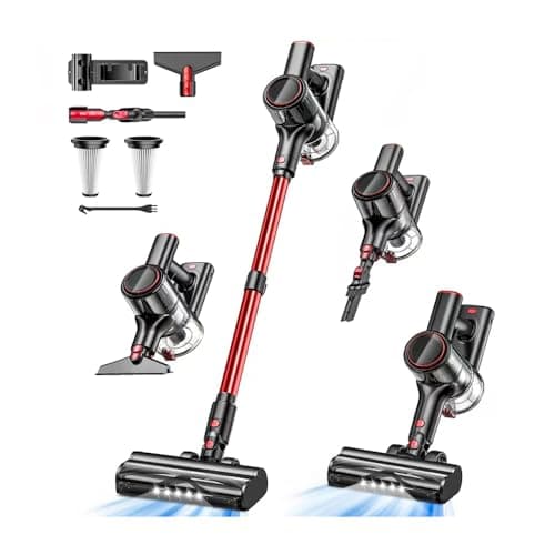 Cordless Vacuum Cleaner, 8-in-1 Vacuum Cleaners for Home, 45Mins Runtime, Anti-Tangle Stick Vacuum with LED Display, Rechargeable Lightweight Vacuum for Pet Hair/Carpet/Floor (Red)