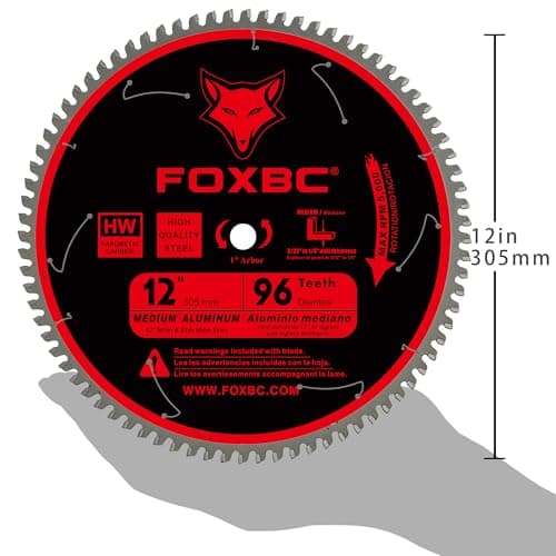 FOXBC 12 Inch Saw Blade 96-Tooth TCG for Aluminum Non-Ferrous Metal & Plastic Cutting with 1-Inch Arbor