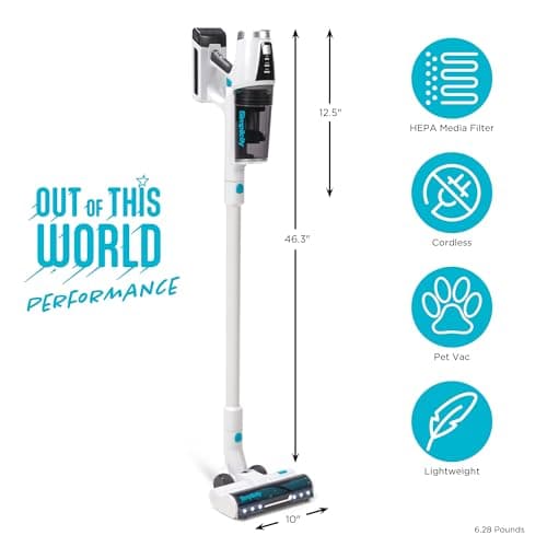 Simplicity Vacuums Stick Vacuum Cordless Rechargeable S67, Lightweight Household Vacuum Cleaners for Pet Hair with 3 Speeds, Multi-Surface Use, HEPA Filter Media, 35 Min Runtime, LED Light, Wall Mount
