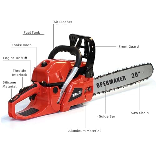 58CC 20 Inch 2-Cycle Gas Powered Chainsaw, 12500r/min 3.8 HP Chainsaw Gas Powered, Low Kickback, Anti-Vibration, Protective Design for Tree Wood Cutting(Red)