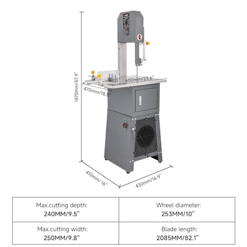 Hoteche 10-Inch Commercial Electric Meat Bandsaw - 550W, 9.5" Cutting Depth, 10" Cutting Width Ideal for Meat, Bone, and Frozen Food Processing