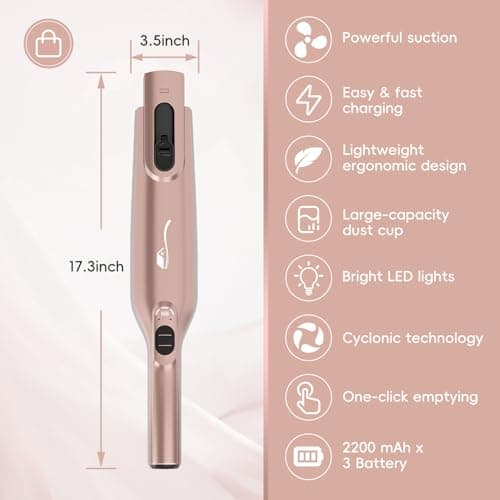 Cordless Handheld Vacuum, Lightweight Portable Hand Vacuum Cleaner with LED Light,Rechargeable Hand Held Vacuum with Charging Dock, Powerful Suction for Office, Home,Car, Rose Gold
