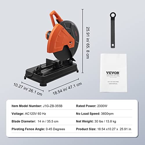 VEVOR Abrasive Chop Saw, 14in / 35cm Blade, 2300W 3600RPM Steel Cutting Machine, 0-45Degrees Adjustable Angle Miter Saw for Cutting Metal, Rebar, Iron, Aluminum - Black