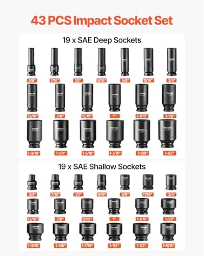 VEVOR Impact Socket Set 1/2" Socket Set 43 Piece Deep & Shallow SAE 3/8" to 1-1/2", 6 Point Cr-Mo Alloy Steel for Auto Repair, Easy-to-Read Size Markings, Rugged Construction, Storage Case