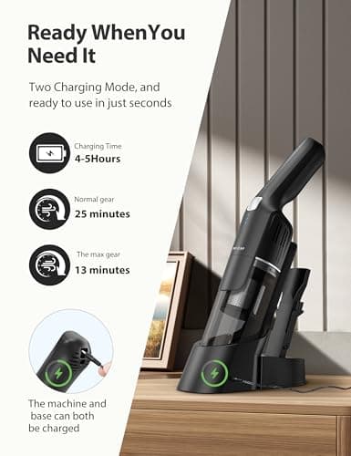 Handheld Vacuum Cordless,15KPA Powerful Car Vacuum,Last 30 Minutes,Rechargeable+Charging Base,500ML Detachable Dust Cup,1.4lb Lightweight,2-in-1 Cleaning Brush,Clean Kitchen,pet Hair,car,Black