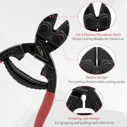 8 Inch Mini Bolt Cutters, Compact Bolt Cutter with Recess and Spring, Small Bolt Cutters, CR-V Steel Blade for Wires, Cables, Rivets, Chains, Screws, Bolts