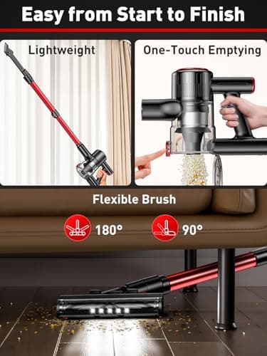 Cordless Vacuum Cleaner, 8-in-1 Vacuum Cleaners for Home, 45Mins Runtime, Anti-Tangle Stick Vacuum with LED Display, Rechargeable Lightweight Vacuum for Pet Hair/Carpet/Floor (Red)
