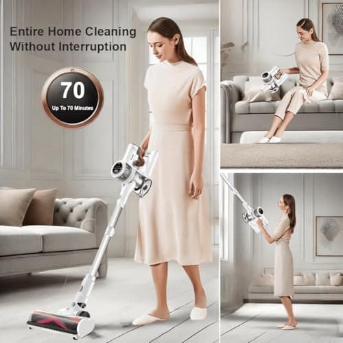 Cordless Vacuum Cleaner, 600W 55Kpa 70Mins Stick Vacuum Cleaners for Home, AUTO Dust Detection/LED Touch Display, Rechargeable Wall Mount, Wireless Handheld Vacuum for Pet Hair/Carpet/Hard Floor