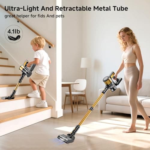 Cordless Vacuum Cleaner, 8 in 1 Powerful Stick Vacuum with 45min Runtime, Anti-Tangle Vacuum Cleaners for Home, Lightweight Handheld Wireless Vacuum for Hardwood Floor Carpet pet Hair, Gold