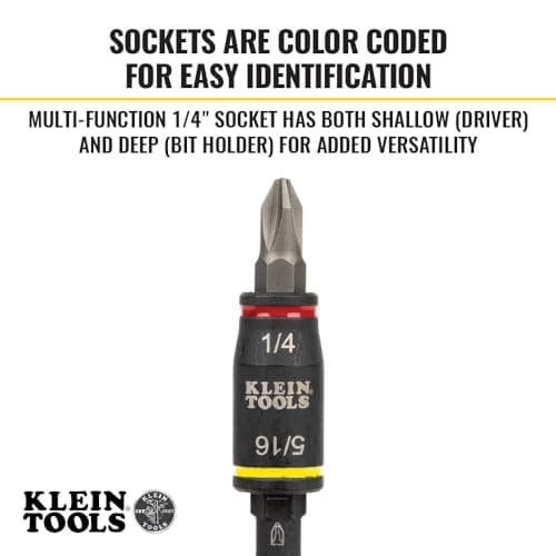 Klein Tools 32768 Impact Driver Set, 3-in-1 SAE Impact Socket and Bit Holder, Flip Socket with Nut Drivers in 1/4 and 5/16 Hex Sizes, 3 and 5-Inch Lengths, 2-Piece