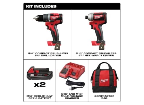 Milwaukee 2892-22CT M18 Compact Brushless 2-Tool Combo Kit, Drill Driver/Impact Driver