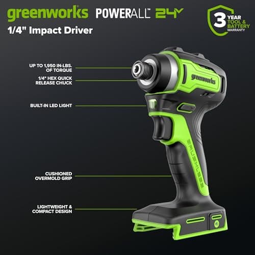 Greenworks 24V Cordless Brushless 4PCs Combo, 400 in-lbs Drill/Driver+1950 in-lbs Impact Driver +6.5" Circular Saw +200LM Flashlight, 2.0Ah+4.0Ah Batteries (24,000mAh Power Bank) 65W USB-C Charger