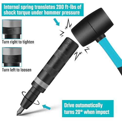 DURATECH 3/8 Inch Drive Manual Impact Driver, Reversible Hand Screwdriver Set, with S2 Steel Bits, 5-Piece, for Tighten/Rusted Fasteners, Organized in Storage Case