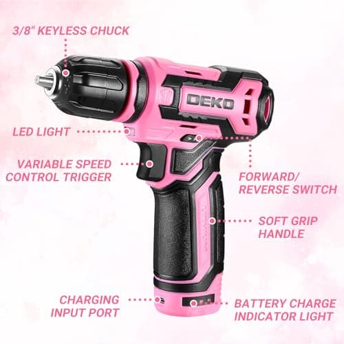 Cordless Drill：DEKOPRO 12V Power Drill Set with Pink 800RPM Electric Drills with Tool Set Gift Box, Pink Drill Set for Women