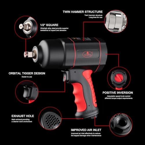 AEROPRO TOOLS 1/2-Inch Air Impact Wrench, Twin Hammer, 1200FT-LBS, 7500RPM, High Torque Pneumatic Impact Wrench, 1/2 Drive Air Impact Gun for Auto Repair, Tire Shop