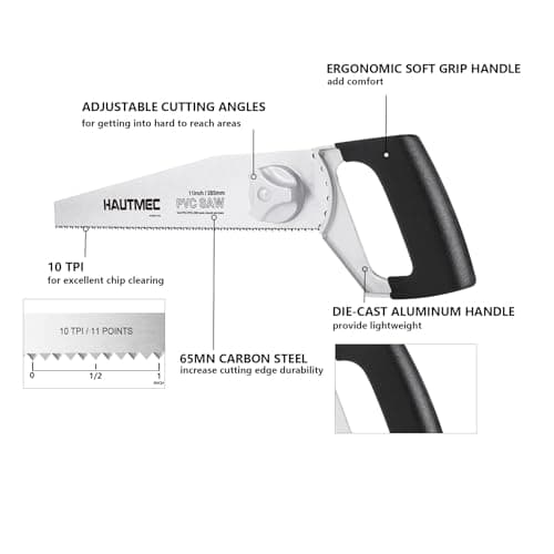 HAUTMEC Heavy Duty 11-Inch PVC/ABS Pipe Saw And General Purpose Hand saw, Adjustable Cutting Angle, For Cutting Pipe In Tight Spaces, for Trimming, Gardening, Wood, Drywall, And Plastic HT0027-SA