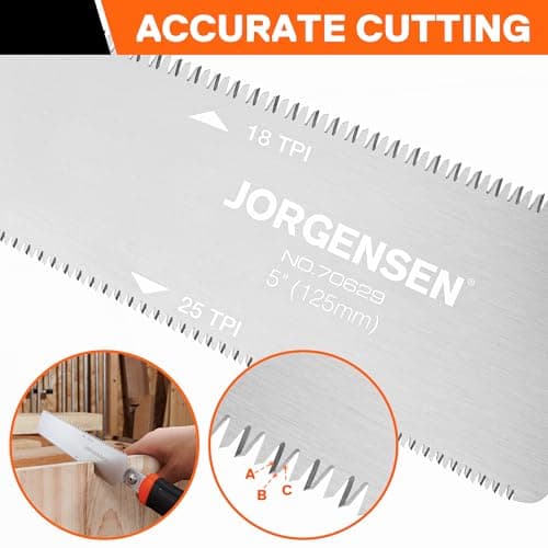 JORGENSEN Japanese Flush Cut Saw, 5 Inch Pro Double Edge Pull Saw, SK5 Flexible Blade Wood Handsaw, 18/25 TPI Blade with Soft Grip Handle for Hardwood & Softwood Woodworking, Wood Trim