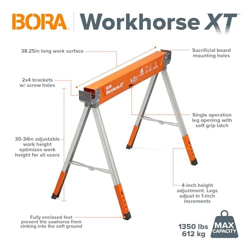BORA Workhorse XT Saw Horses 2 Pack Folding Heavy Duty Adjustable Height Sawhorse Pair with Adjustable Legs, Heavy Duty Saw horse for Contractors Portable Workbench w/Built in Bottle opener PM-3360T