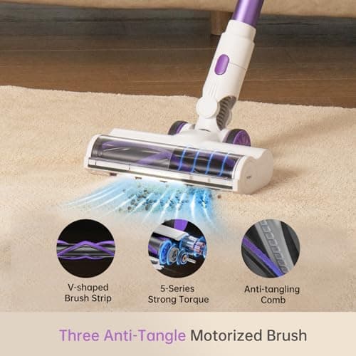 FABULETTA Cordless Vacuum Cleaner for Home, 500W Lightweight Vacuum Cleaner with MAX 50 Min Detachable Battery, Brushless Motor, 6 in 1 Stick Vacuum for Hardwood Floors and Carpet Pet Hair Car（Purple）