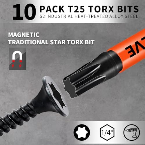 10-Pack T25 Torx Bits for Impact Driver, T-25 Torx/Star Bit Set 2'' Long, Magnetic Torque Head, Premium S2 Alloy Steel, 1/4'' Hex-Shank for Professional & DIY Use