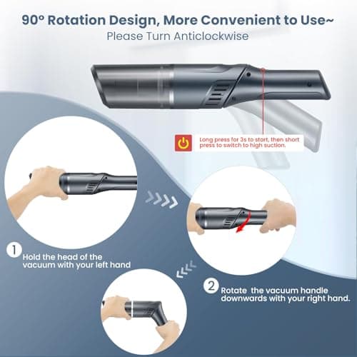 Cordless Car Vacuum Cleaner - Portable Handheld Vacuum with 90° Adjustable Handle,120W / 15000Pa Rechargeable Mini Dust Buster for Cars,Carpets and Pet Hair