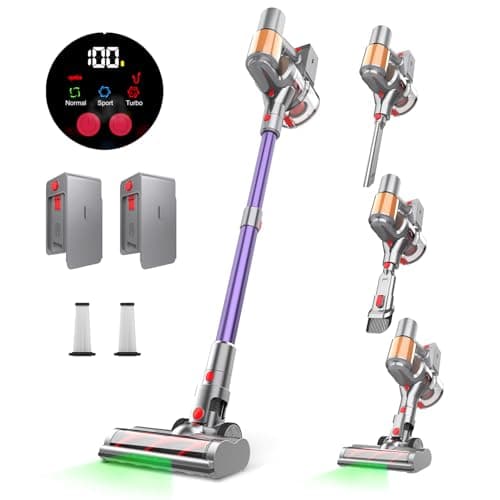 Cordless Vacuum Cleaner, 2 Batteries 120 Mins Runtime Vacuum Cleaners for Home, 45Kpa 550W Stick Vac with Anti-Tangle Design, Self-Standing, 1.5L Dust Cup, Vacuum for Pet Hair/Carpet/Hardwood Floor