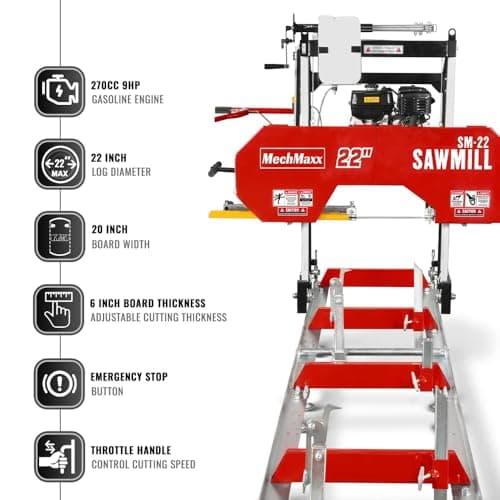 22" inch Portable Sawmill, 270cc 9HP Gasoline Engine, 20" Board Width, 13' Track Length, Model SM-22