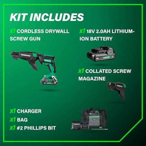 Metabo HPT 18V MultiVolt Cordless Drywall Screw Gun Kit, High-Speed Power Screwdriver with Collated Screw Magazine, 2.0Ah Lithium-Ion Battery and Charger, Lightweight Ergonomic Design, W18DAQB