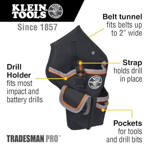 Klein Tools 5183 Tool Bag, Tradesman Pro Drill Pouch, 1680d Material, Drill Holster with Pockets for Tools and Bits