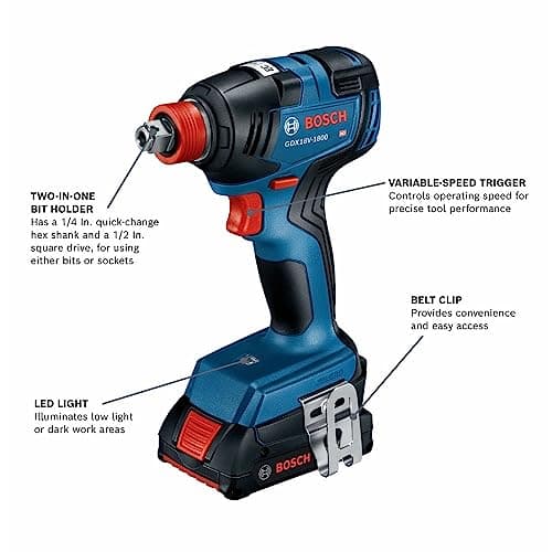 Bosch GDX18V-1800B12 18V Two-In-One 1/4 In. and 1/2 In. Bit/Socket Impact Driver/Wrench Kit with 2 Ah Standard Power Battery