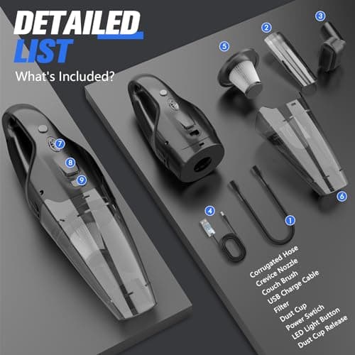 Handheld Vacuum Cordless Rechargeable 3-in-1, USB Charge, Car Vacuum with LED, HEPA Filter, 1.65LBs Lightweight Vacuum Cleaner for Dust, Pet Hair