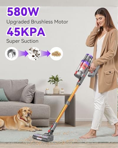 Coovy Cordless Vacuum Cleaner SU7, 580W 45Kpa 70 Minutes Runtime Stick Vacuum with Touch Screen, Anti-Tangle Wireless Powerful Lightweight Vac for Home Pet Hair Carpet Hardwood, Gold