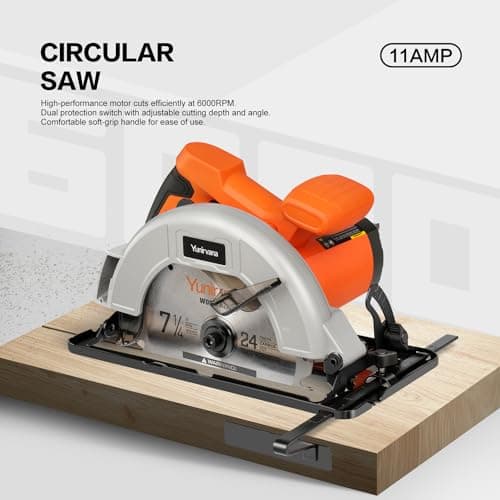 11 Amp Corded Circular Saw with Circular Saw Blade, 6000RPM, Adjustable Cutting Depth, 7-1/4 Inch Blade, Ideal for Wood and Plastic Cuts, Professional Carpentry Tool for Precision Cutting