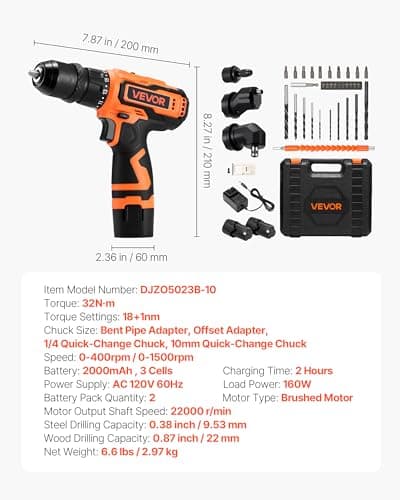 VEVOR Cordless Drill Driver, 5-In-1, Metal Chuck, Dual-Speed Variable, Drill Driver Kit with 2 Lithium Batteries and Charger, Tool Box, for Wood and Metal Drilling, Screw Tightening or Loosening