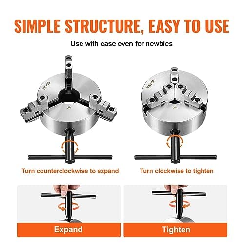 VEVOR 3-Jaw Lathe Chuck, 8'', Self-Centering Lathe Chuck, 0.16-8 in/4-200 mm Clamping Range with T-key Fixing Screws Hexagon Wrench, for Lathe 3D Printer Machining Center Milling Drilling Machine