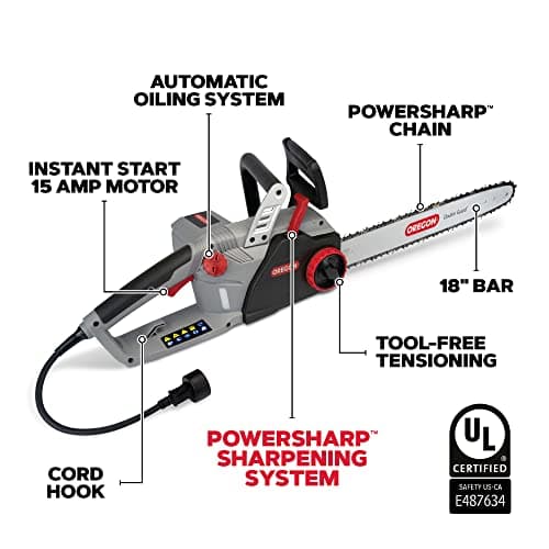 Oregon 15 Amp Powerful Self-Sharpening Corded Electric Chainsaw with 18-Inch (45cm) Guide Bar, Low Kickback 15 Amp Chainsaw, with Integrated Powersharp Chain, 2-Year Warranty (CS1500)