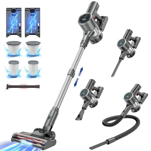 Cordless Vacuum Cleaner, 350W 35KPA 100Mins Runtime Powerful Stick Vacuum for home with Self-Standing, Touch Screen, Rechargeable Handheld Vacuum for Home/Pet Hair/Carpets/Hard Floors(2 Batteries)